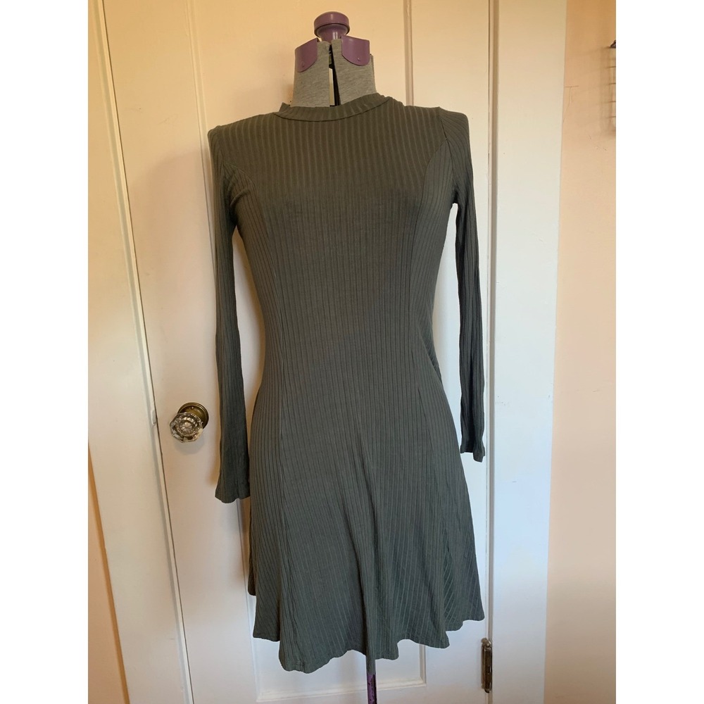 Moa Moa Olive Green Ribbed Long Sleeve Mock Neck Keyhole Back Mini Dress Medium
